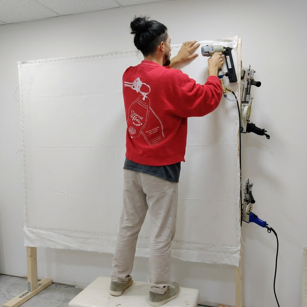 Artesano preparando el bastidor — planificando la distribución de colores